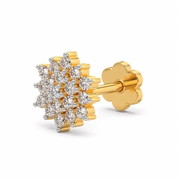 19 stone floral diamond nose pin side view with gold post and flower back