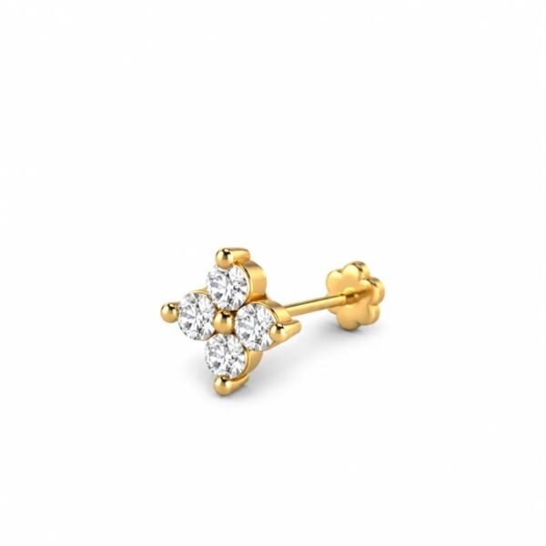 Three-quarter view of the Everyday Bloom Lab Grown Diamond Nose Pin showing four round diamonds, yellow gold setting, and screw-back post.