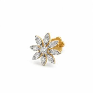 Angled close-up of Celestial Petal Lab Grown Diamond Nose Pin displaying its nine-petal floral arrangement, round diamonds, and yellow gold screw-back closure.