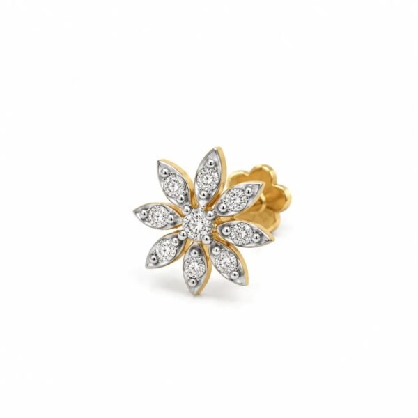 Angled close-up of Celestial Petal Lab Grown Diamond Nose Pin displaying its nine-petal floral arrangement, round diamonds, and yellow gold screw-back closure.