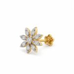 Opposite side view of Celestial Petal Lab Grown Diamond Nose Pin with round diamonds, nine floral petals, and a polished yellow gold screw-back fitting.
