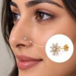 Celestial Petal Lab Grown Diamond Nose Pin worn on a model, featuring a nine-petal floral design with round diamonds and a yellow gold setting.