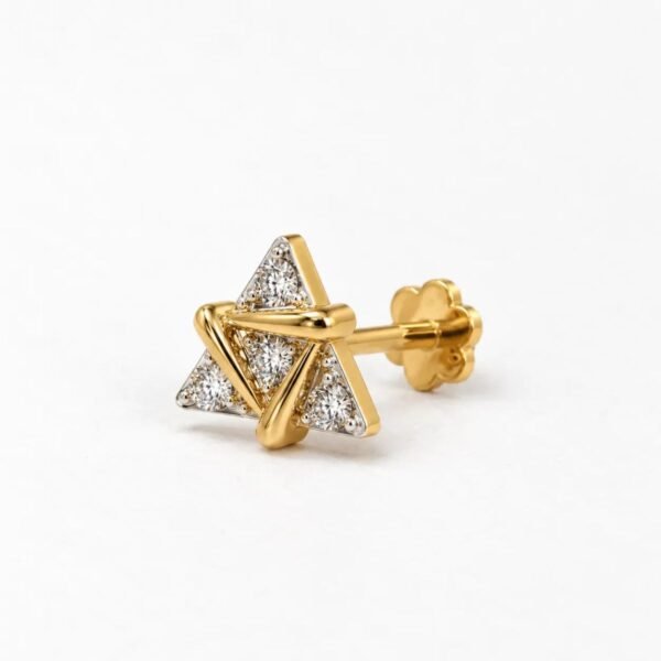 Side angle of Trinity Spark Lab Grown Diamond Nose Pin with four round diamonds, interlocking gold triangles, and a screw-back closure.