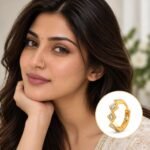 Model wearing Quadra Spark Lab Grown Diamond Nose Ring in yellow gold with geometric diamond settings.