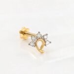 Five Diamond Paisley Gold Nose Pin with Floral Back – Angled View