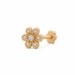 Floral Gold Diamond Nose Pin with Six Petal Design on White Background
