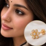 Woman Wearing Small Floral Gold Diamond Nose Pin with Close-Up Product Detail