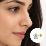 Floral lab grown diamond nose pin worn on a model