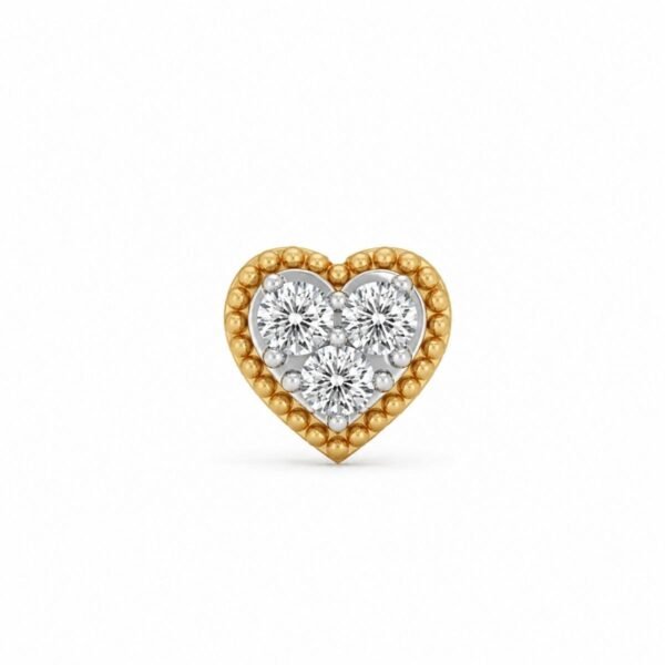 Heart shape lab grown diamond nose pin with three round diamonds front view