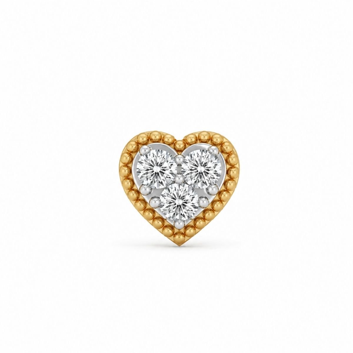 Heart Shape Lab Grown Diamond Nose Pin – Front View Heart shape lab grown diamond nose pin with three round diamonds front view