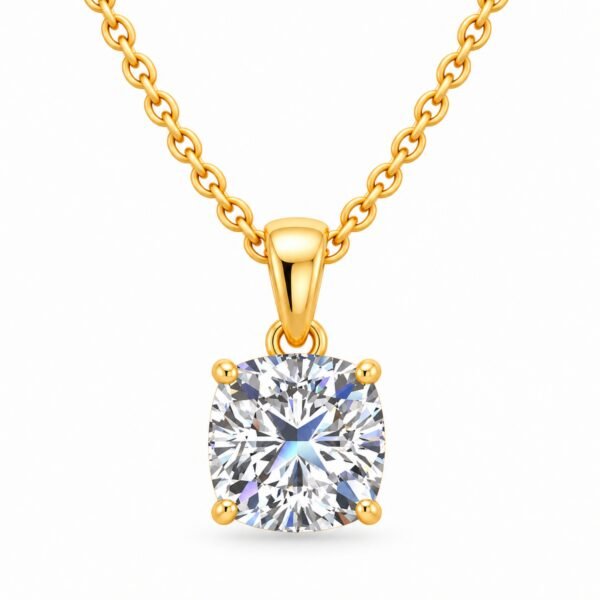 Cushion cut diamond solitaire pendant in yellow gold by Pure Gems World