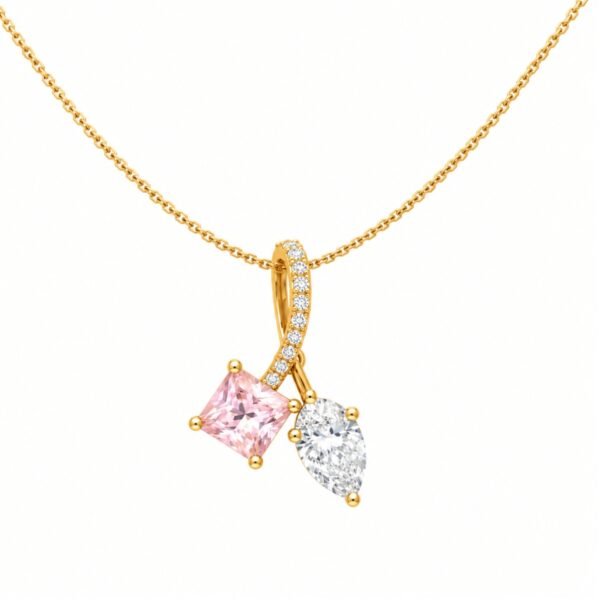 Two stone diamond pendant with pink square and pear-shaped stones in yellow gold