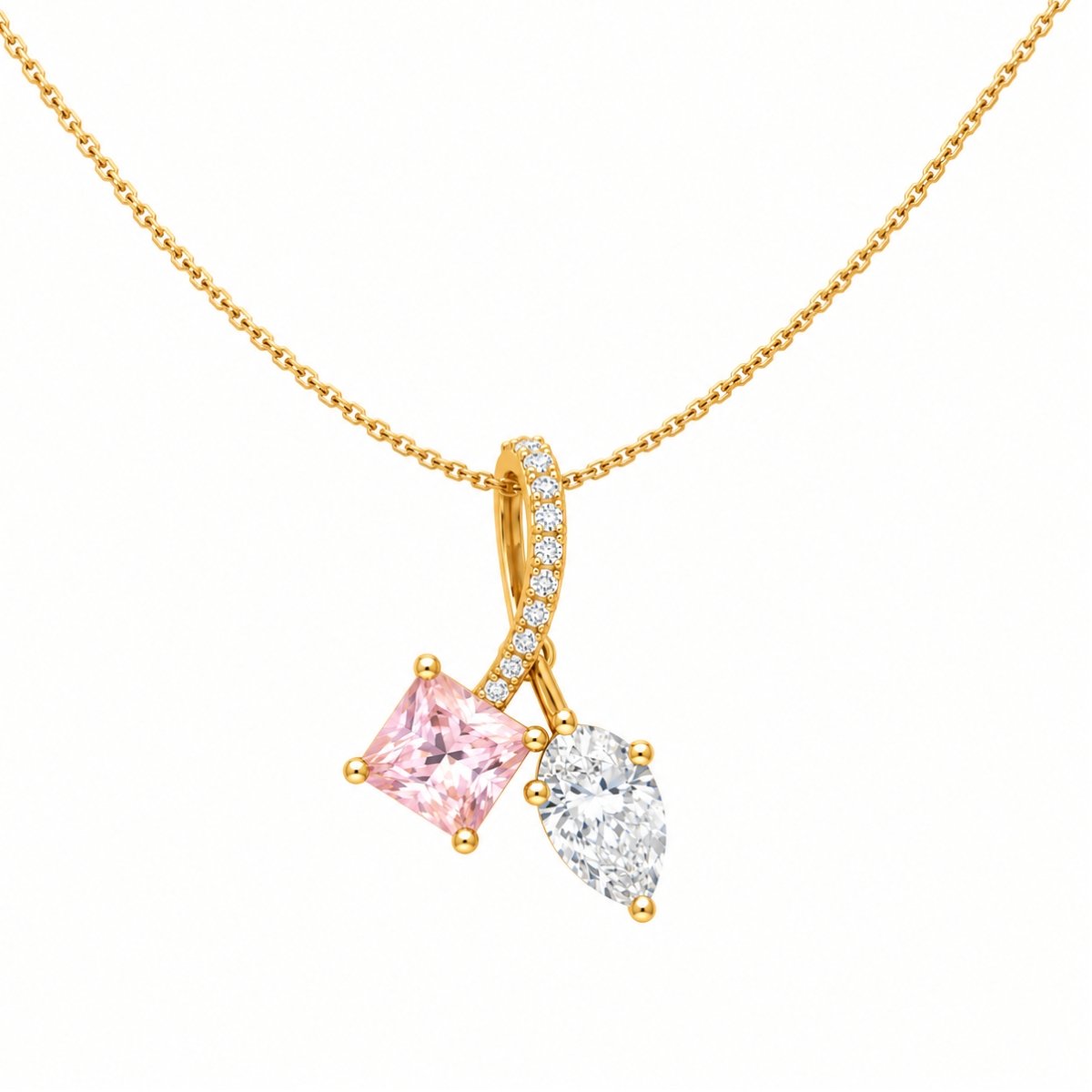 Two stone diamond pendant with pink square and pear-shaped stones in yellow gold