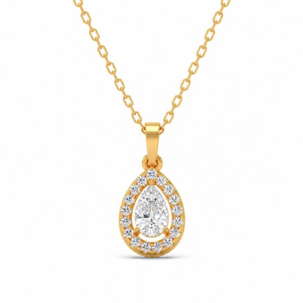 Pear-shaped diamond halo pendant in yellow gold by Pure Gems World