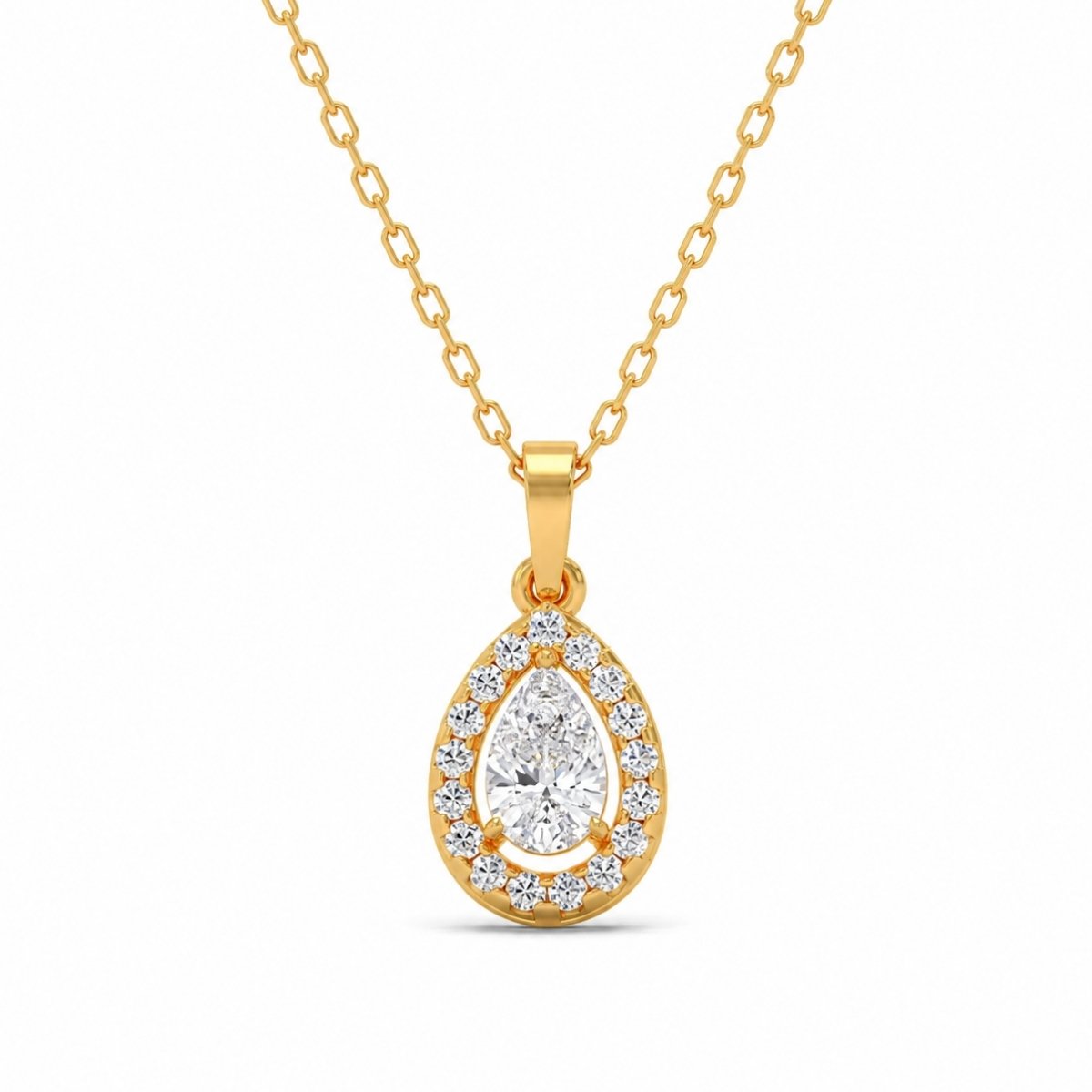 Pear-Shaped Diamond Halo Pendant in Yellow Gold Pear-shaped diamond halo pendant in yellow gold by Pure Gems World