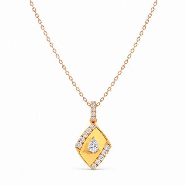 Geometric pear diamond pendant for women with pear-shaped centre stone and round stone detailing in gold by Pure Gems World.
