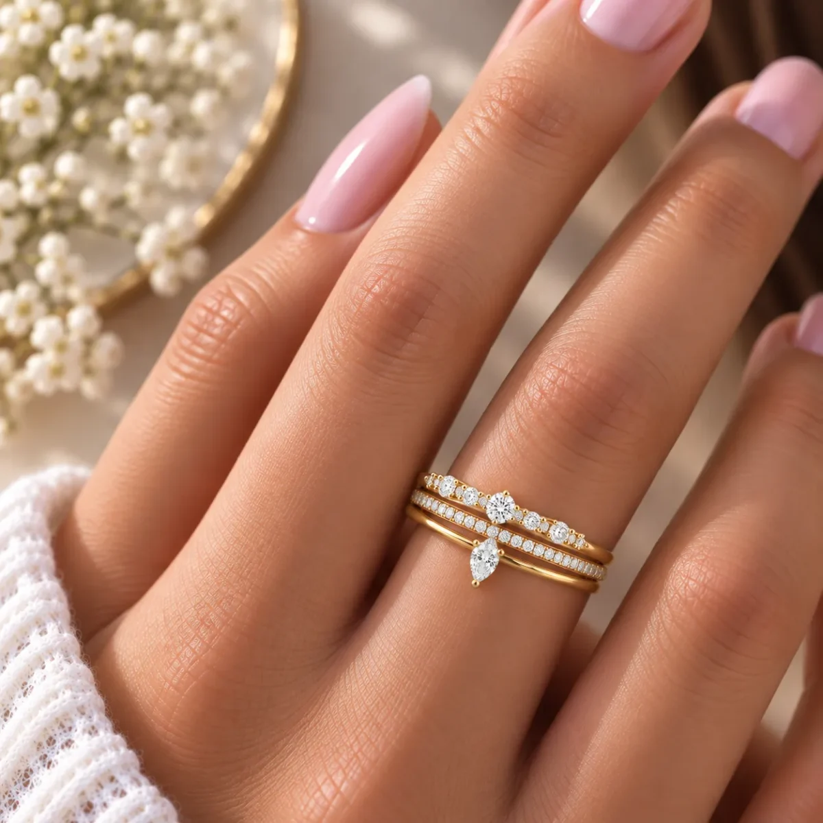 Pear & Pavé Lab Grown Diamond Triple Band Ring | 18K Gold - Image 4