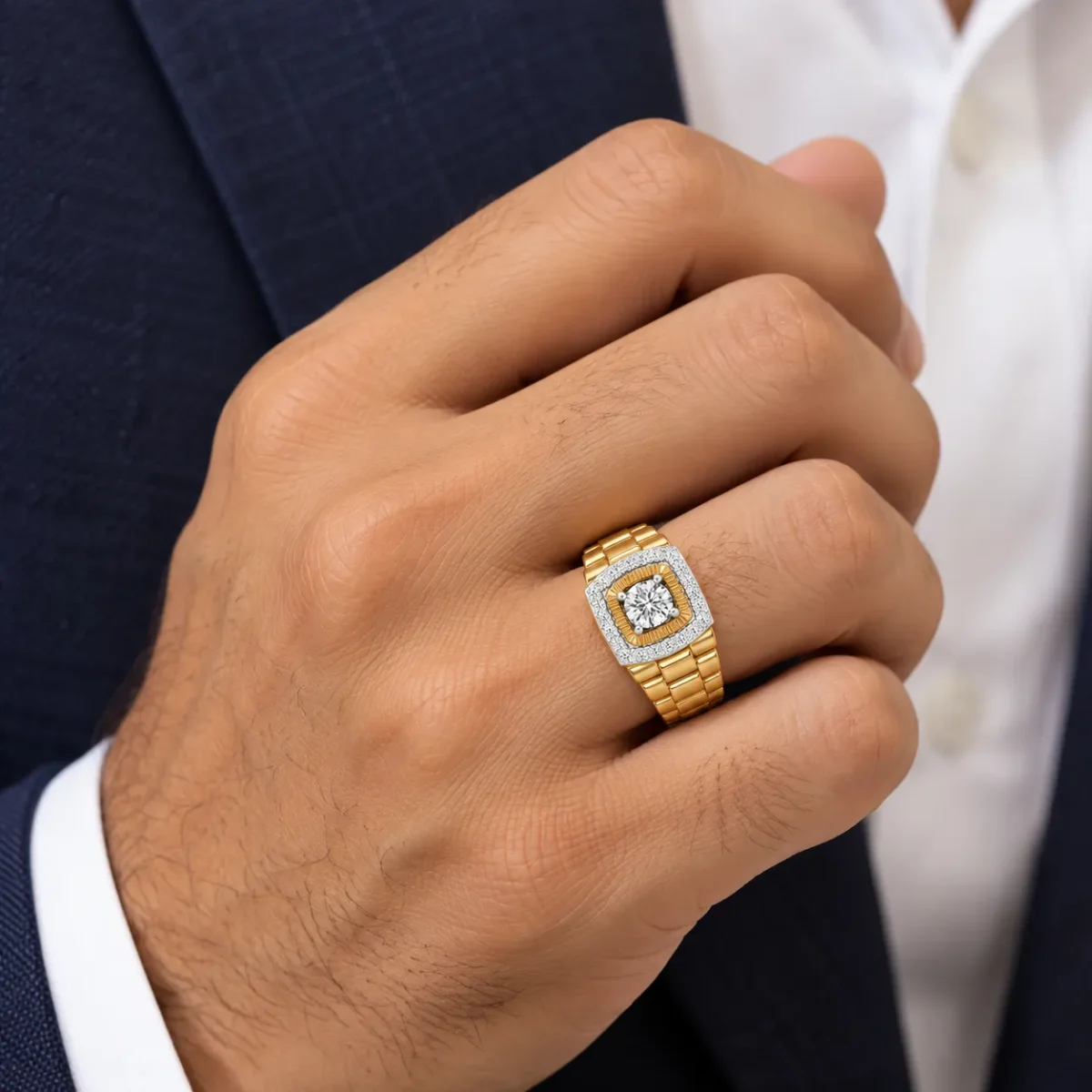 Royal Armour Lab Grown Diamond Gold Ring for Men on Male Model Hand