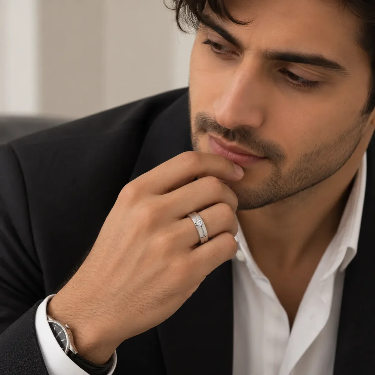 Signature Solitaire Lab Grown Diamond Men’s Ring on Model Hand
