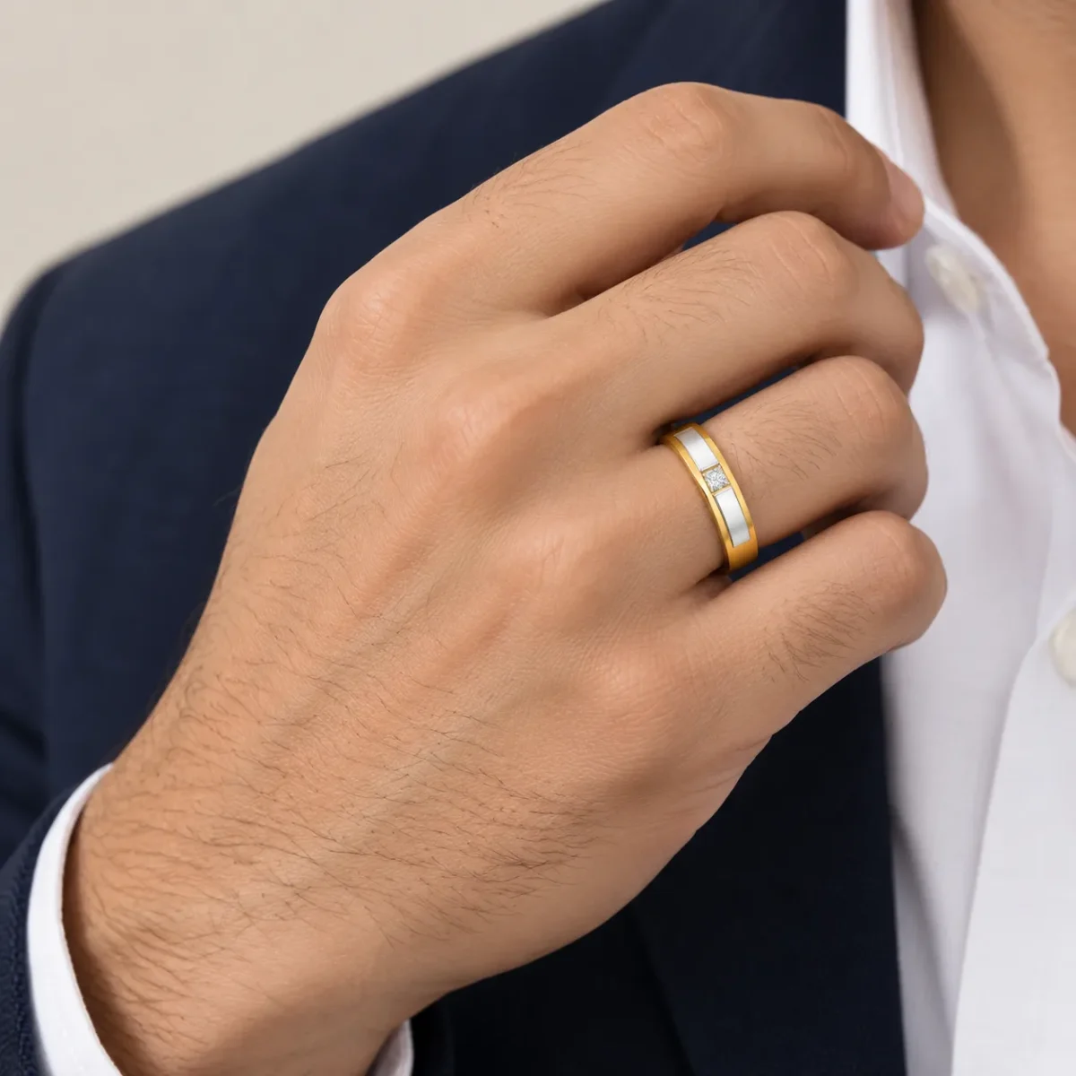 Sleek Princess Cut Lab Grown Diamond Gold Ring for Men worn on hand