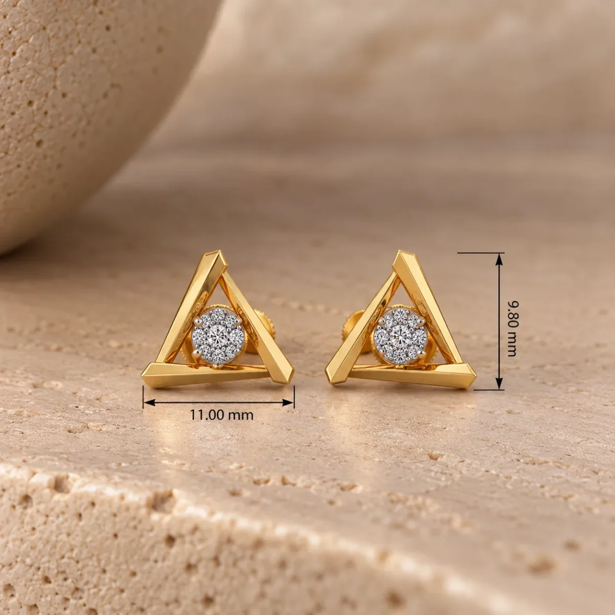 Luxury Geometric Triangle Lab Grown Diamond Stud (Earrings) for Women – Brilliant Round Diamond Centre in 18k Gold - Image 4