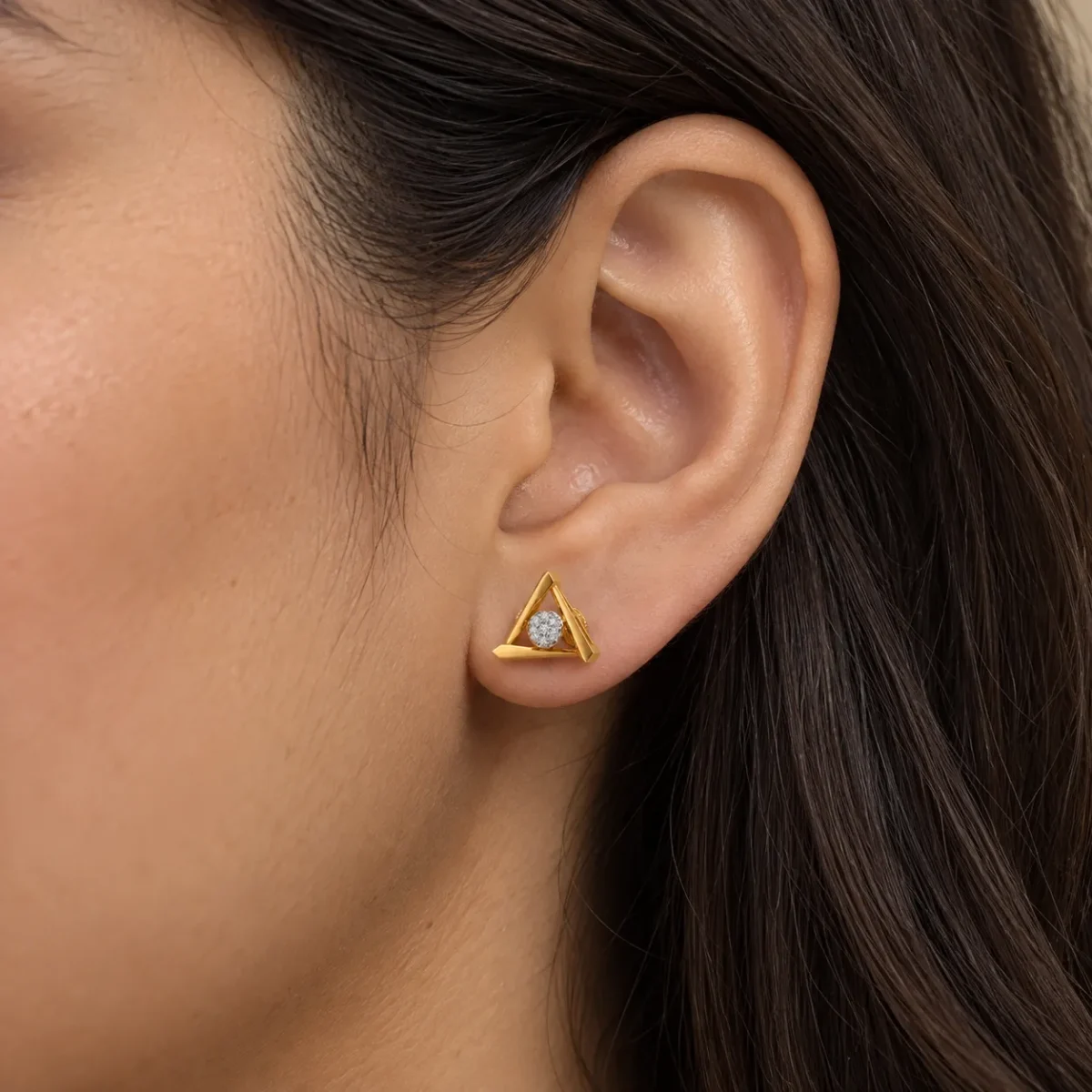 Luxury Geometric Triangle Lab Grown Diamond Stud (Earrings) for Women – Brilliant Round Diamond Centre in 18k Gold - Image 5