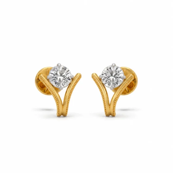 Luxury V-shaped lab grown diamond stud earrings for women with a 1ct round diamond in 14K yellow gold