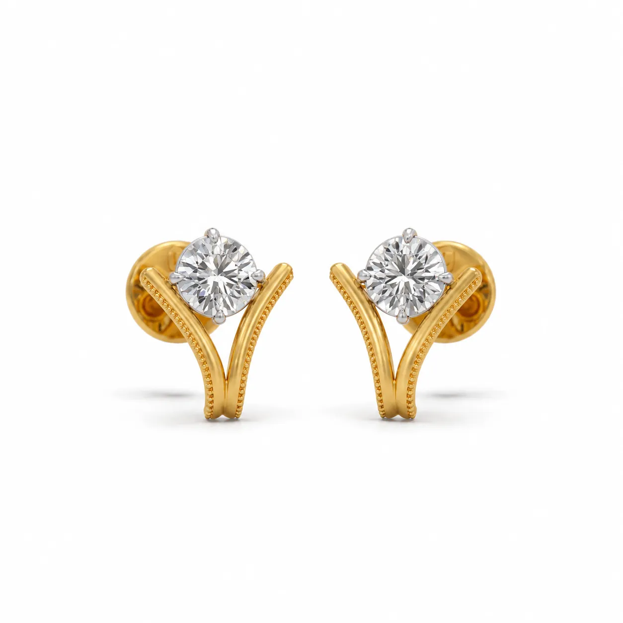 Luxury V-Shaped Lab Grown Diamond Stud Earrings Luxury V-shaped lab grown diamond stud earrings for women with a 1ct round diamond in 14K yellow gold