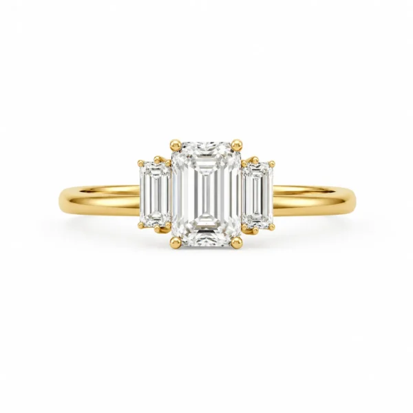 Emerald Cut Lab Grown Diamond Trilogy Ring featuring three stunning emerald-cut diamonds symbolizing the past, present, and future in an elegant luxury setting.