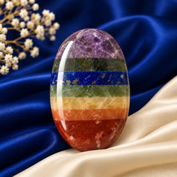 7 Chakra Crystal with Amethyst, Lapis Lazuli, Green Aventurine, Citrine and Red Jasper gemstone layers on blue and cream silk fabric.
