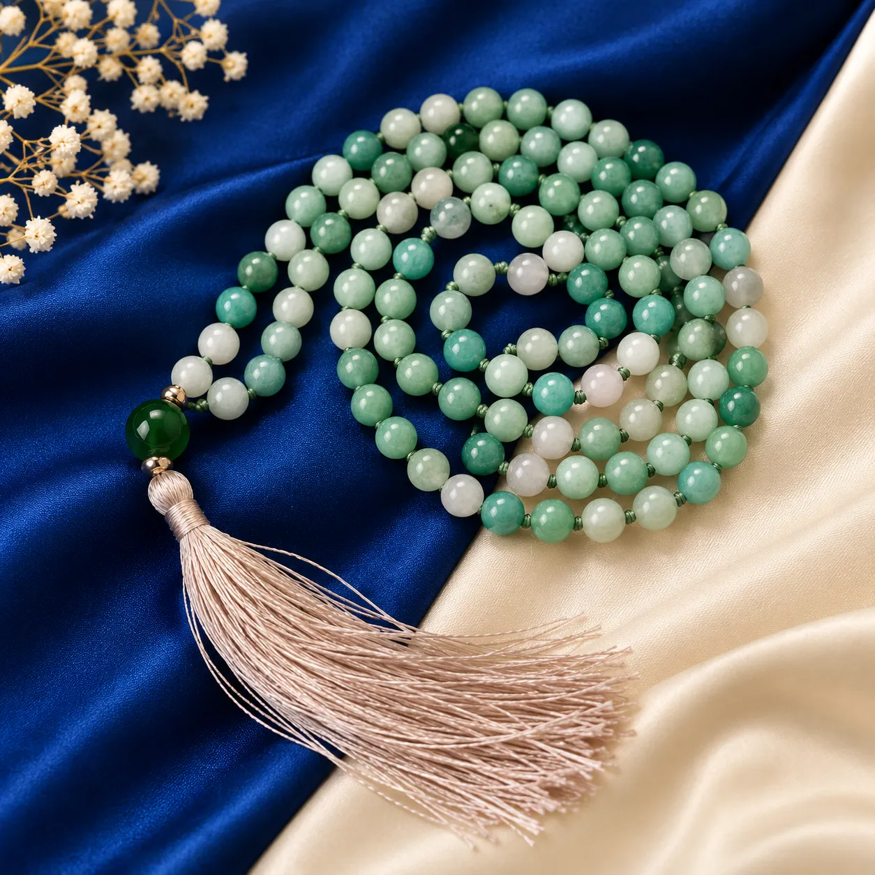 Crystal Mala with polished green and white gemstone beads, silver-toned accents and a cream tassel displayed on blue and cream silk fabric.