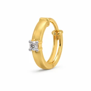 Front view of Lumi Solitaire Lab Grown Diamond Nose Ring with round diamond in four-prong setting and yellow gold band.