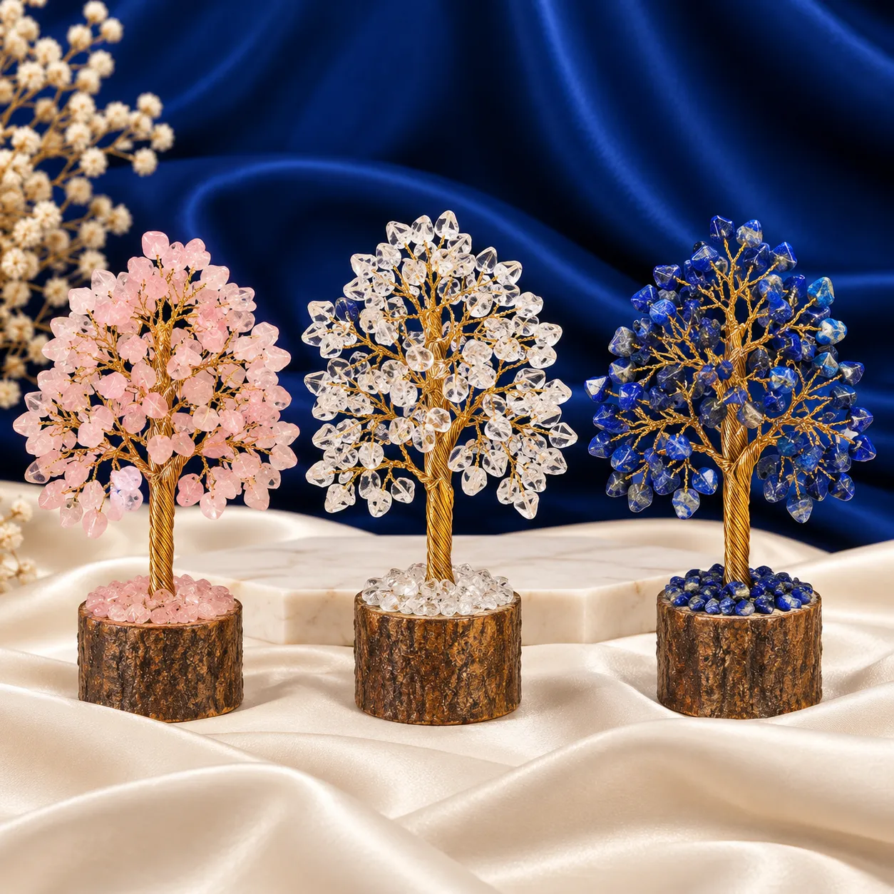 Crystal Trees made with natural gemstone chips, arranged on a decorative trunk and base for positive energy, crystal healing and home décor.