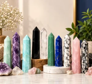 Natural Crystal Pointing Towers in Amethyst, Rose Quartz, Clear Quartz, Pyrite and other gemstones for healing, meditation and décor.