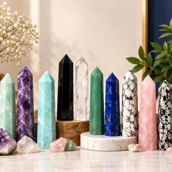 Natural Crystal Pointing Towers in Amethyst, Rose Quartz, Clear Quartz, Pyrite and other gemstones for healing, meditation and décor.