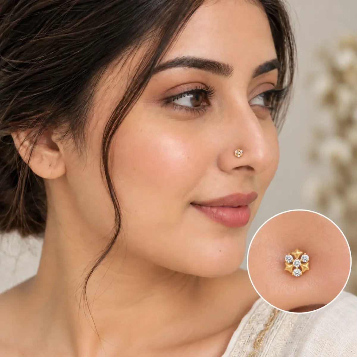Twinkle Bloom Lab Grown Diamond Gold Nose Pin for Women on Model