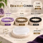 Natural Crystal Bracelet Combo Set of 3 featuring Amethyst, Pyrite, and Black Tourmaline bracelets with a complimentary Selenite Charging Plate for cleansing and crystal care.