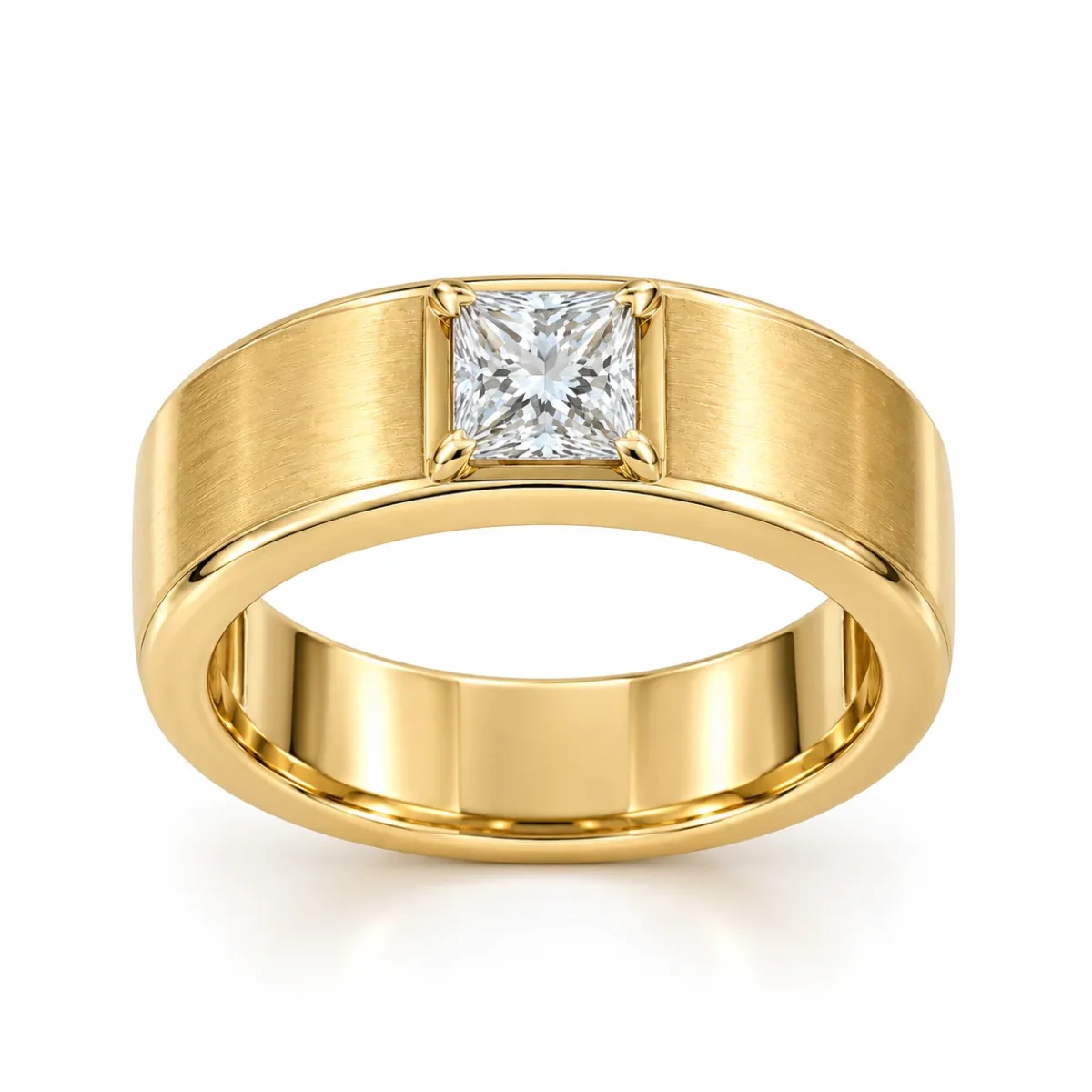 Angled view of Signature Princess Lab Grown Diamond Men’s Ring in yellow gold