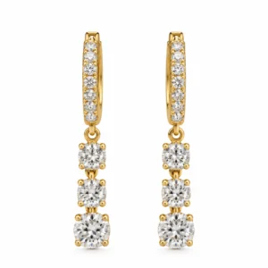Three Stone Round Lab Grown Diamond Drop Hoop Earrings for Women 1.80 Carat