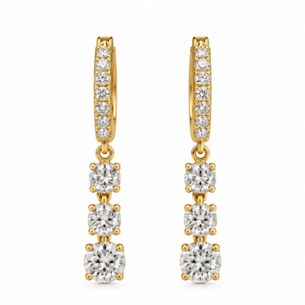 Three Stone Round Lab Grown Diamond Drop Hoop Earrings for Women 1.80 Carat
