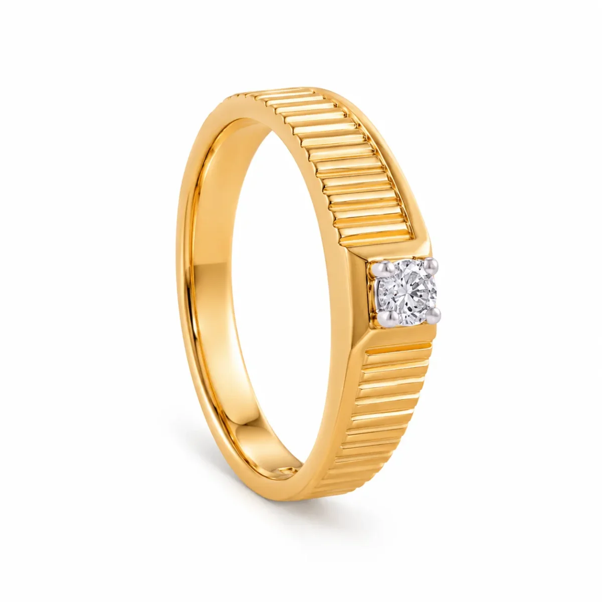 Titan Ridge Diamond Ring standing angle with round diamond and grooved yellow gold band