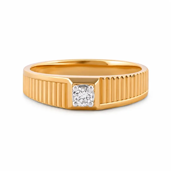 Titan Ridge Diamond Ring in yellow gold with round solitaire diamond and textured ridge band