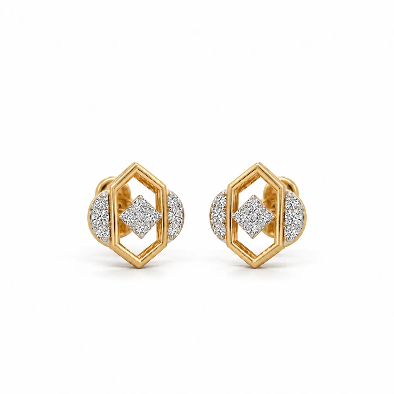 Luxury geometric lab grown diamond stud earrings for women in 14K yellow gold