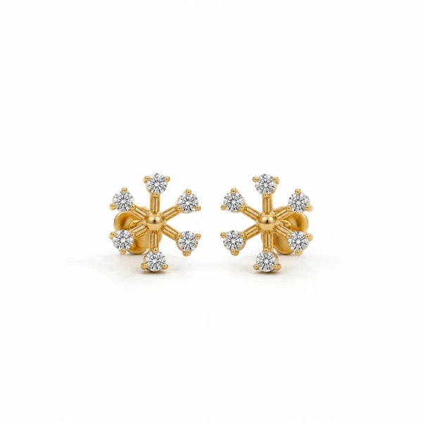 Snowflake-inspired lab grown diamond stud earrings for women in 14K yellow gold