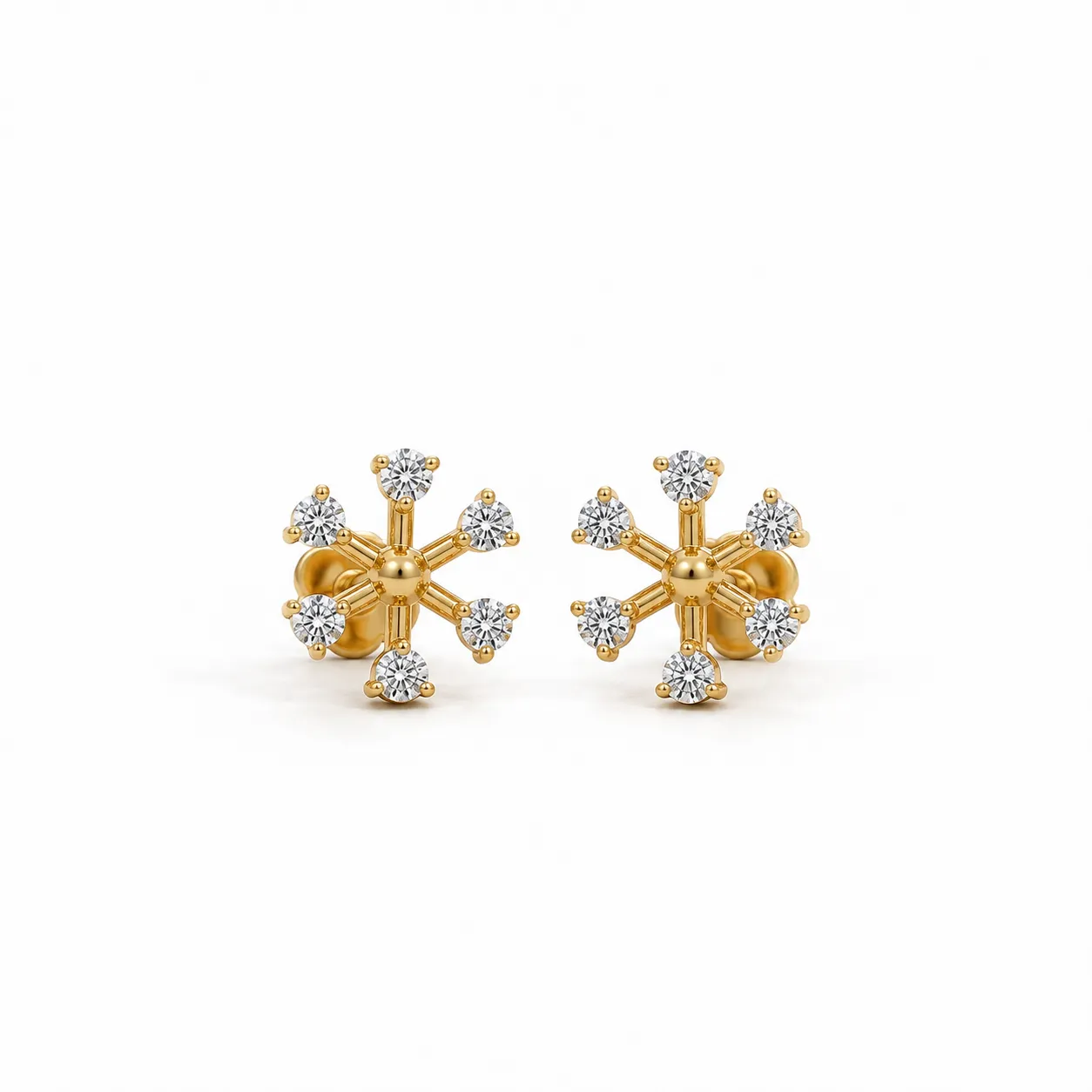 Snowflake-inspired lab grown diamond stud earrings for women in 14K yellow gold