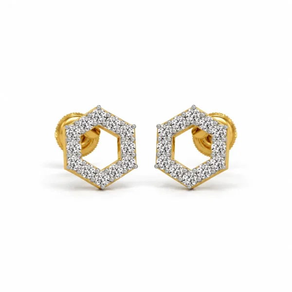 Elegant hexagonal lab grown diamond stud earrings for women in 14K yellow gold