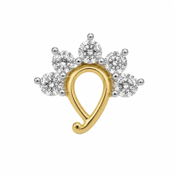 Lab Grown Diamond Paisley Gold Nose Pin Front View with Five Diamonds