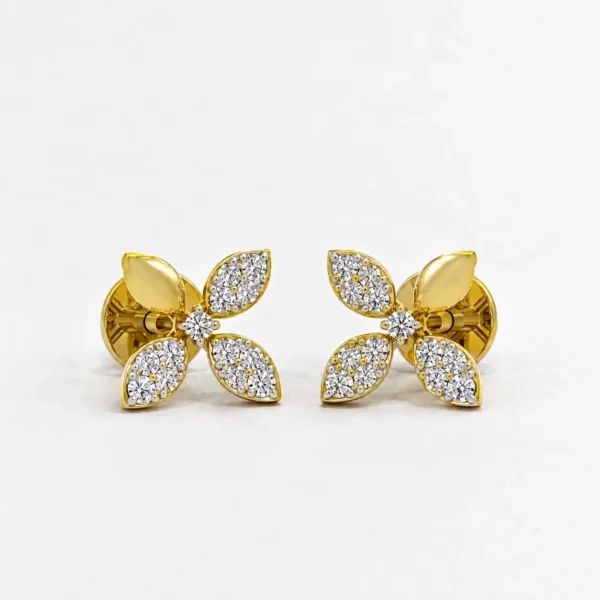 Elegant floral lab grown diamond stud earrings for women in 14K yellow gold