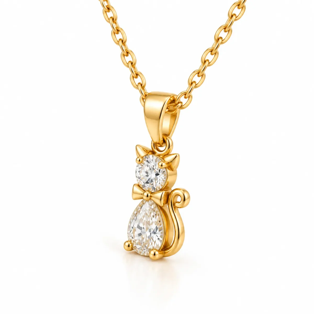 Adorable Cat Design Lab Grown Diamond Pendant with Pear & Round Diamonds in 18KGold for Women - Image 4