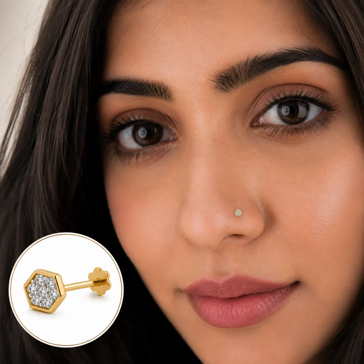 Hexa Spark Lab Grown Diamond Nose Pin in 18K Gold worn by woman